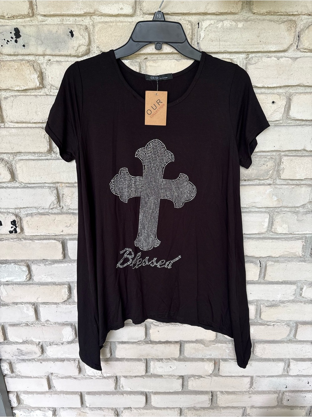 Women Black 'Blessed' Rhinestone Cross Short Sleeve Tee